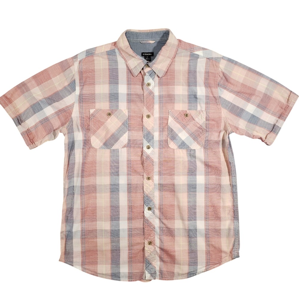 J. Peterman Button Up Shirt Mens‎ Large Red Blue Plaid Short Sleeve Cotton Light